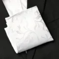 Elegant white mens pocket square with silver floral pattern for formal suits and business. - White Vine Floral Style
