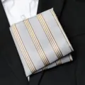 Detailed view of men's pocket square featuring blue mesh texture and brown striped pattern for suits. - Beige Vertical Stripe Style (L027) / 1 Piece