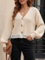 Detail view of women autumn winter beige cardigan, lace trim V-neck knitwear sweater coat. - S / Tops / Apricot