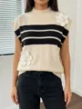 Chaleco de punto sin mangas a rayas bloque de colores con flores 3D y perlas mujer. - S / Tops / Albaricoque