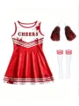 Kids Halloween cheerleader costume set with blood splatter dress, pompoms and socks variant. - Red
