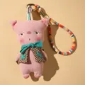 Handmade cute pink pig plush keychain with plaid vest and colorful braided lanyard for bags. - Pink Pig