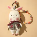 Handmade fabric rabbit doll keychain pendant with cute plaid vest and colorful strap for keys bags. - Cream Rabbit