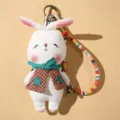 Handmade fabric rabbit plush doll keychain pendant with cute checkered shirt and green bow. - White Rabbit