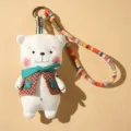 Handmade fabric bear plush doll keychain with plaid vest, cute bag pendant decoration - White Bear