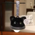 Cute plush black cat night light keychain with glowing bulb and purple strap for dorm decor - Black Cat