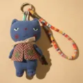 Handmade blue fabric cat keychain with plaid vest cute plush toy pendant key ring accessory - Blue Cat