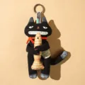 Cute black cat plush keychain fabric toy keyring with fish pendant for bags and car keys. - Sullen Black