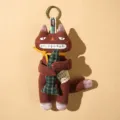 Handmade cute cat plush toy keychain with plaid fish, brown fabric doll pendant for bag. - Sullen Brown