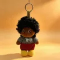 Afro girl plush doll keychain, cute fluffy cotton doll pendant with checkered shirt. - Figure - Black