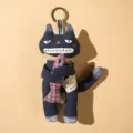Handmade fabric cat plush keychain with plaid fish, cute blue cat bag charm and toy. - Sullen Blue