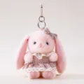 Cute pink plush rabbit keychain with plaid dress and bow, perfect bag charm and gift. - Bella Rabbit - Pink Skirt