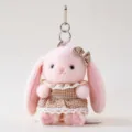 Pink Plush Rabbit Bunny Keychain Bag Charm with Brown Plaid Dress and Lace Trim Pendant - Bella Rabbit - Brown Skirt
