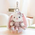Cute plush rabbit keychain, soft bunny doll bag charm with floral dress cute pendant. - National Style Skirt - Pink
