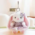 Cute white plush bunny keychain with purple floral dress, fluffy long-eared rabbit doll bag charm. - National Style Skirt - Purple