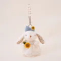 Cute white bunny plush keychain with pearl chain, floral dress and sunflower decor. - Leila Rabbit - Sunflower Skirt