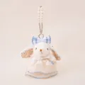 Cute plush rabbit keychain with floral dress, blue bow, and pearl chain for girls' bag decoration. - Leila Rabbit - Cake Skirt