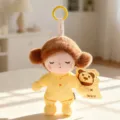 Cute plush doll keychain, brown big hair and yellow outfit variant, soft toy pendant. - Pajama Bean Bag - Brown Hair Girl