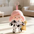 Cute fluffy cow print doll keychain with pink hair and hanging strap for bags keys decor. - Pajama Bean Bag - Pink Hair Girl