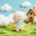 Cute fluffy curly hair doll keychain plush toy pendant with cute little wings and blue collar. - White Elf