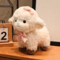 Schattig krullig pluche schaap met roze strik, zachte knuffel lam pop voor kinderkamer. - Krullend - Wit / 20 cm 0,14 kg