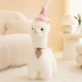 Bonita variante de peluche de alpaca blanca con sombrero de fiesta rosa y collar de estrás, muñeca. - 40CM / Blanco (Estilo Decorativo)