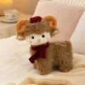 Cute curly hair sheep plush toy with red beret and scarf, soft fluffy animal doll for kids - Scarf Style-Brown