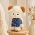 Cute curly sheep plush toy with denim clothes, soft stuffed animal lamb doll gift style. - Denim Style - White
