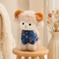 Cute fluffy sheep plush toy, adorable ram stuffed animal with horns and denim outfit for kids - Denim Style - Pink
