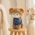 Cute curly sheep plush toy healing ram stuffed doll with denim outfit for kids room decor - Denim Style - Brown