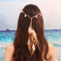 Bandeau de cheveux bohème en plumes et coquillages, serre-tête ethnique à franges pour femme vacances - Kaki