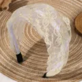 Elegant white mesh wide headband with gold floral embroidery, sweet anti-slip design for women. - Gold Mesh Style(SMH1575-C)