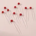 Red rhinestone ball U shaped hairpin elegant metal hair fork cute styling hair accessories - Red