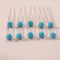 Blue rhinestone U-shaped hairpins set, elegant crystal ball hair forks for women's hair styling. - Blue