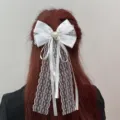 White fabric hair bow with lace and long ribbons for bridal wedding hair styling clip - WDH0053 / White