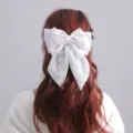 White fabric bow hair clip with lace and pearls, elegant bridal hair accessory for women. - WDH0006 / White