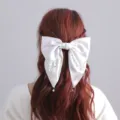 White satin bow hair clip with pearl chain, elegant hair accessory for women and wedding. - WDH0016 / White