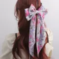 Sweet floral fabric hair bow with long streaming ribbons for women, elegant spring clip. - Pink Purple Floral