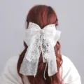 White lace bow hair clip with pearls and long ribbons, elegant bridal hair accessories. - WDH0030 / White