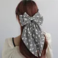 Franse stijl zwart-wit gingham ruit madeliefje strik haarspeld lang lint zoete haaraccessoire. - Zwart Wit Geruit Madeliefje