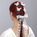 White lace hair bow and butterfly hair clips set, elegant bridal hair accessories variant. - WDH0040 / White