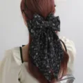 Franse vintage zwarte bloem haarstrik haarspeld lange lint zoete haaraccessoire voor vrouwen - Zwart Bloemen