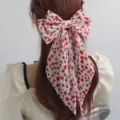French sweet floral fabric bow hair clip with long ribbon barrette for women and girls style - Red and White Floral