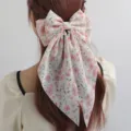 Elegant French floral hair bow with long ribbons, sweet fabric hair clip for daily use. - Pink Floral
