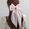 French style pink printed hair bow clip with long streamers sweet fabric hair accessory for women - Pink Bow