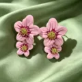 Pink oil-drop flower earrings for women, unique double-flower design with golden stamens. - Pink
