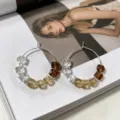 Handmade gradient crystal beaded hoop earrings, elegant clear and amber cubic stone details. - Orange Brown Beaded Hoop