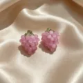 Handmade pink grape stud earrings detail view, cute sweet style fruit jewelry for women. - Pink