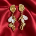 Gold seashell pendant drop earrings with white stone charms, perfect summer vacation jewelry. - Off-White Crystal Pearl Tassel Earrings / Off White