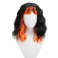 Black orange highlighted wavy wig with bangs for cosplay and Halloween costume parties. - Black and Orange